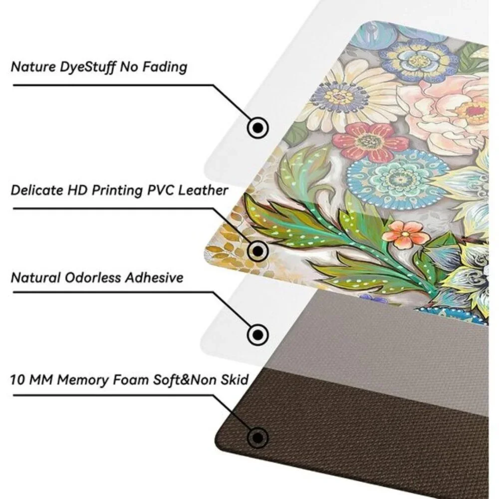 New 2PCS Floral Kitchen Rugs, Non-Slip Cushioned Anti-Fatigue Floor Mats
